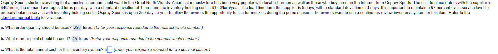  standard normal table for z-values. a. What order quantity should be