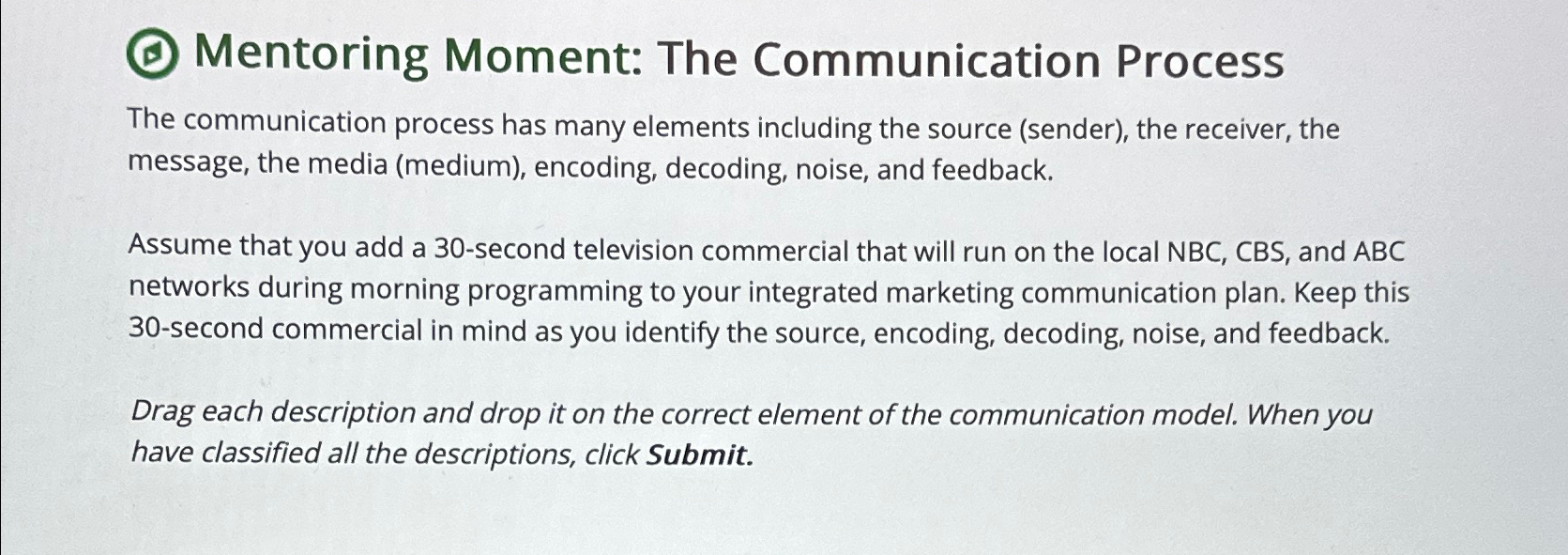  (C) Mentoring Moment: The Communication Process The communication process has many