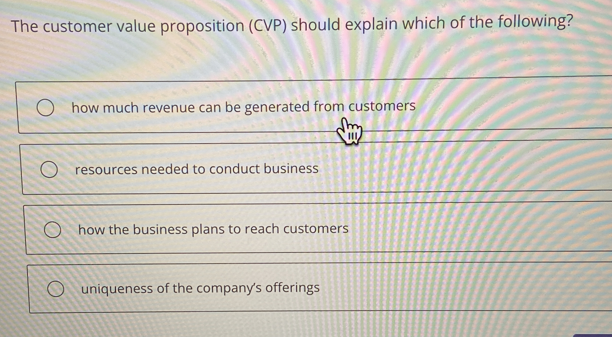  The customer value proposition (CVP) should explain which of the following?