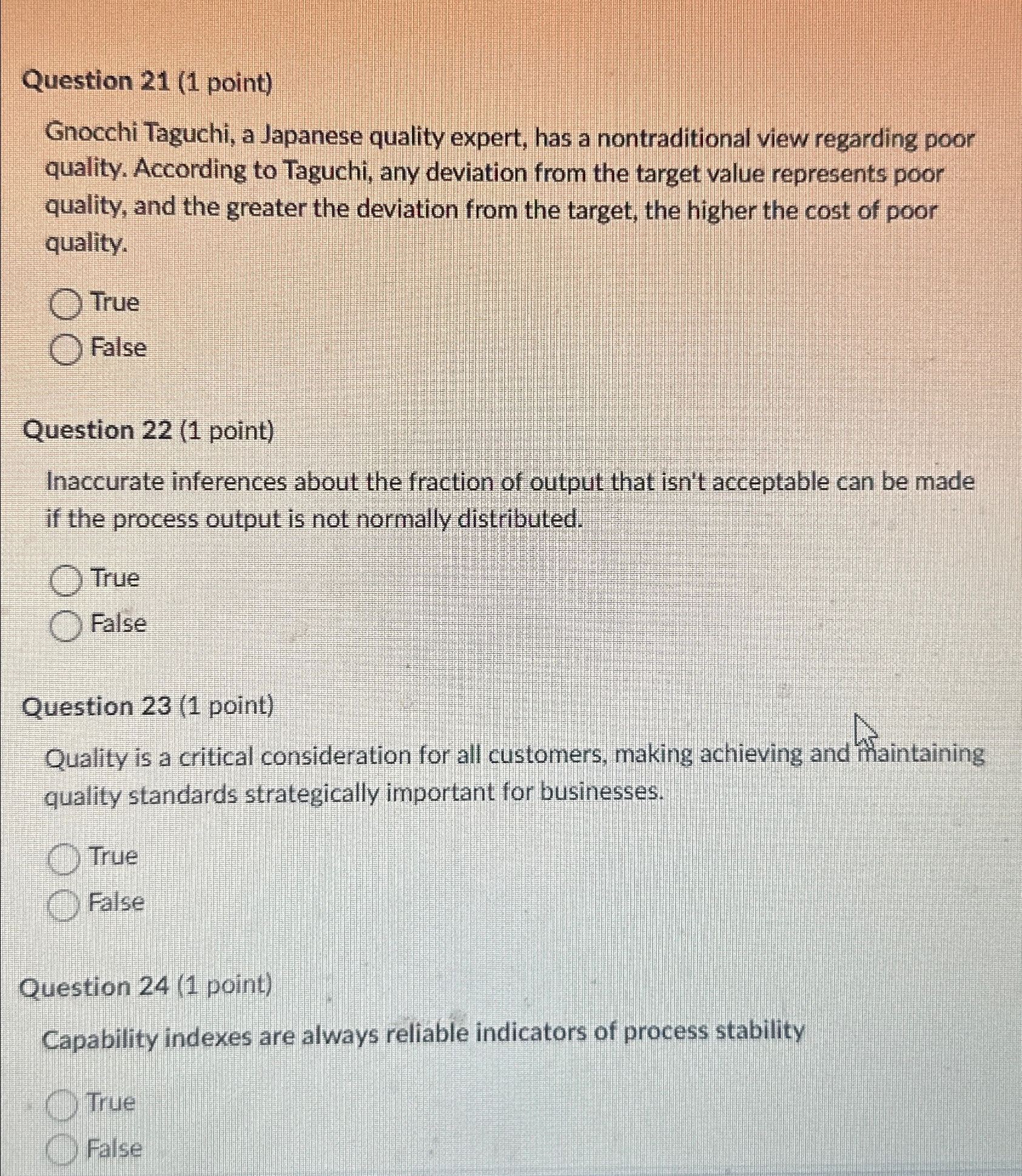  Question 21(1 point) Gnocchi Taguchi, a Japanese quality expert, has a