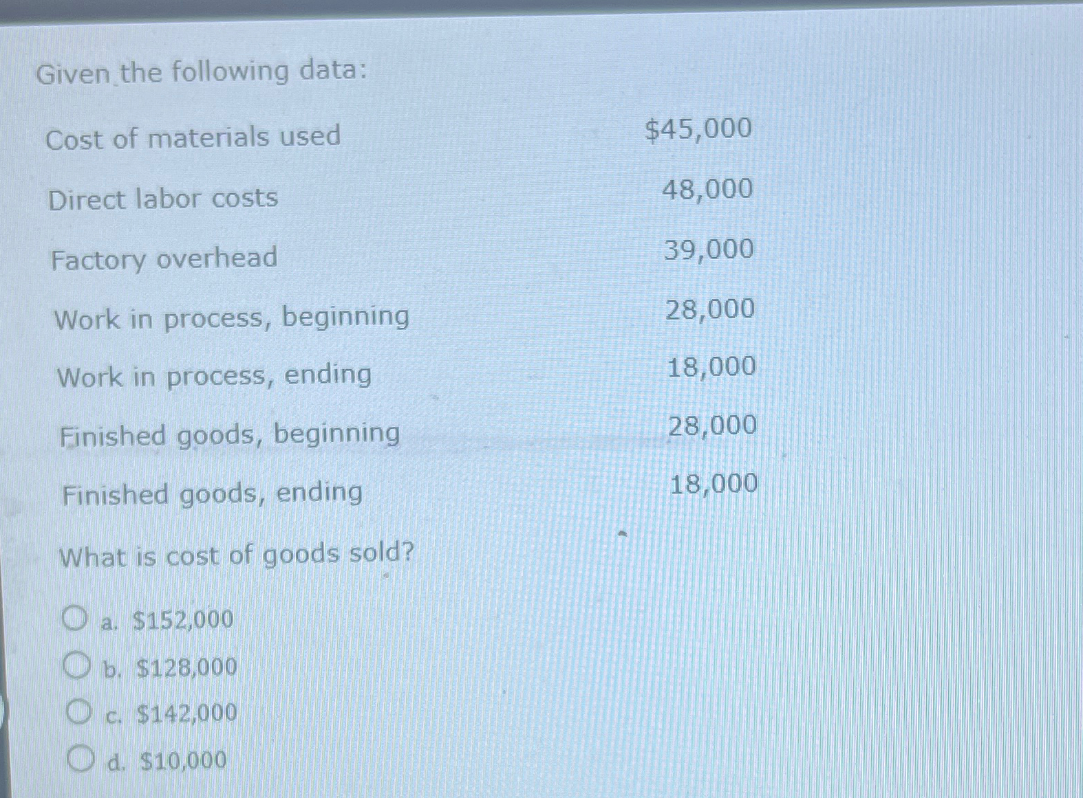  Given the following data: \table[[Cost of materials used,$45,000 