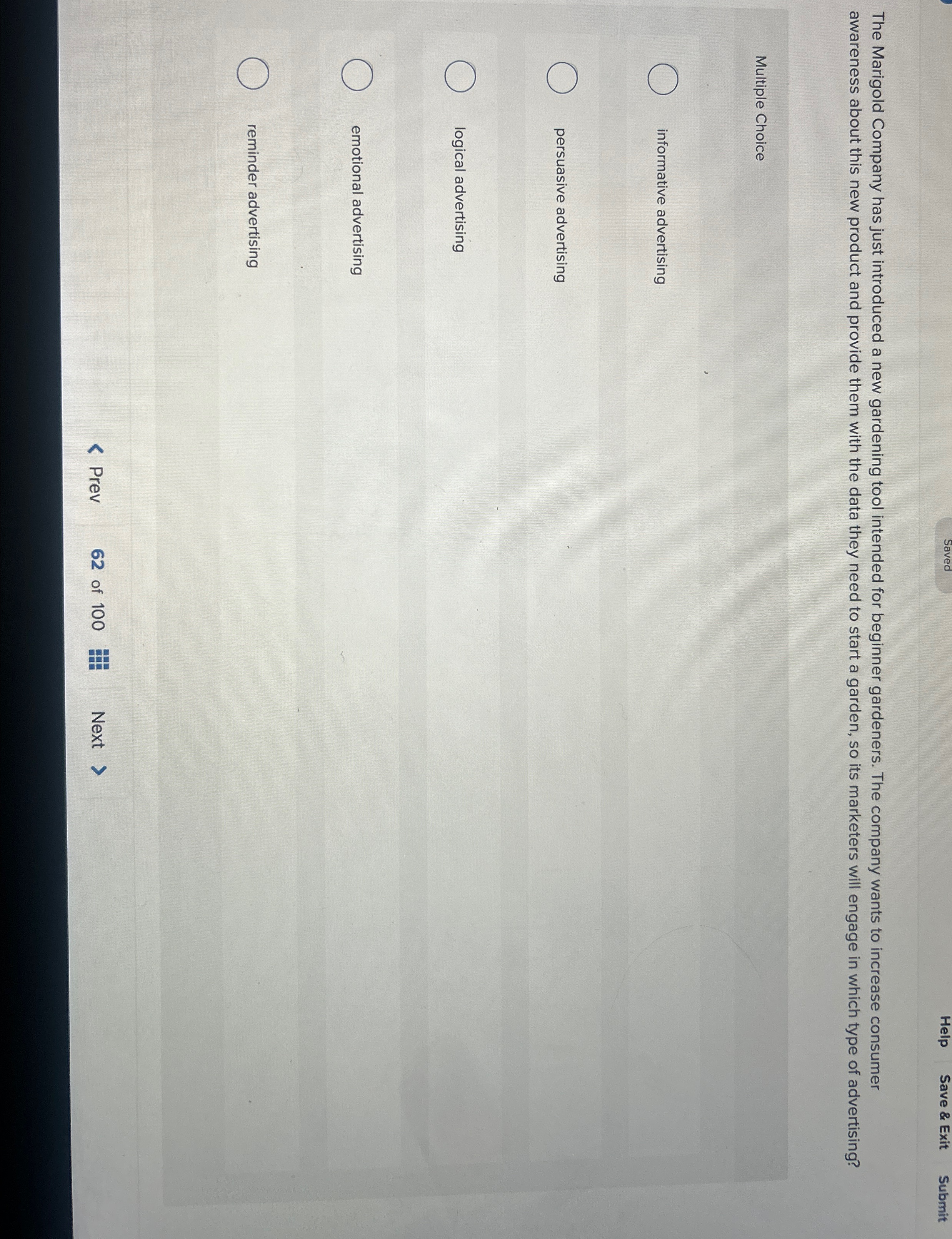  Saved Help Save & Exit Submit The Marigold Company has just