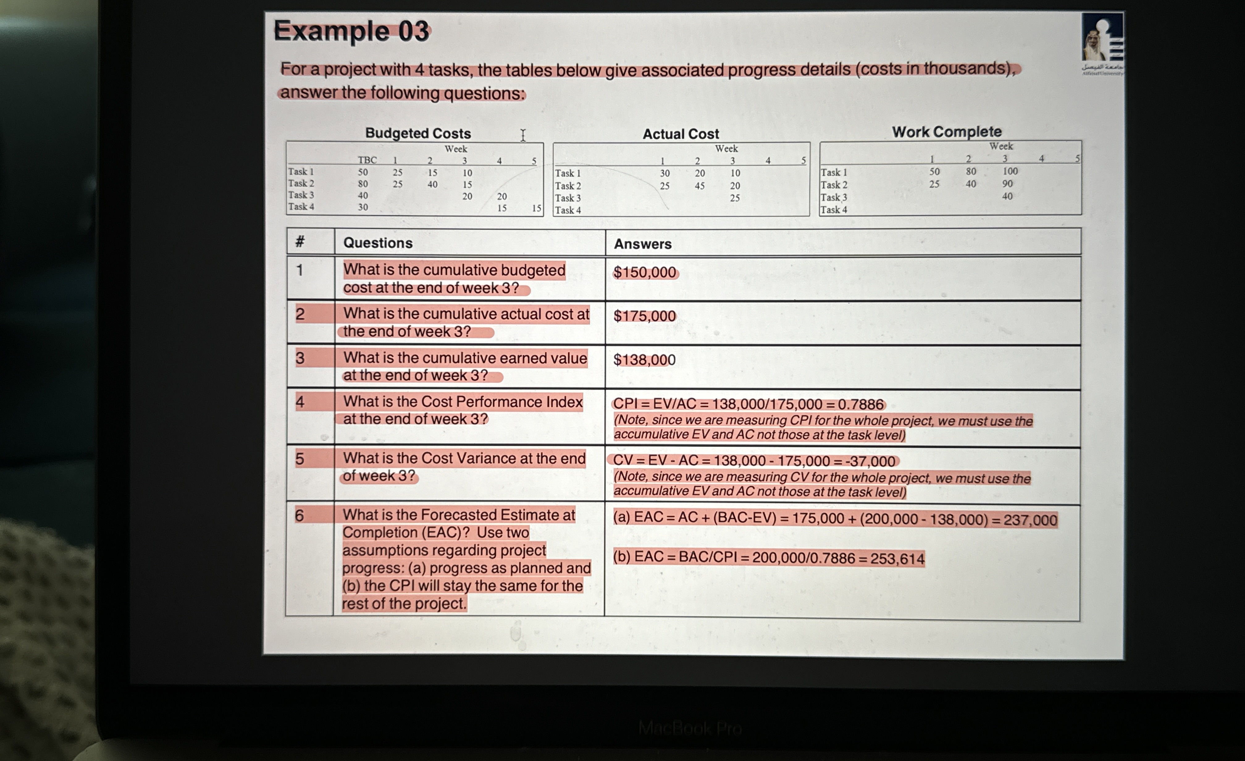  Example 03 For a project with 4 tasks, the tables below