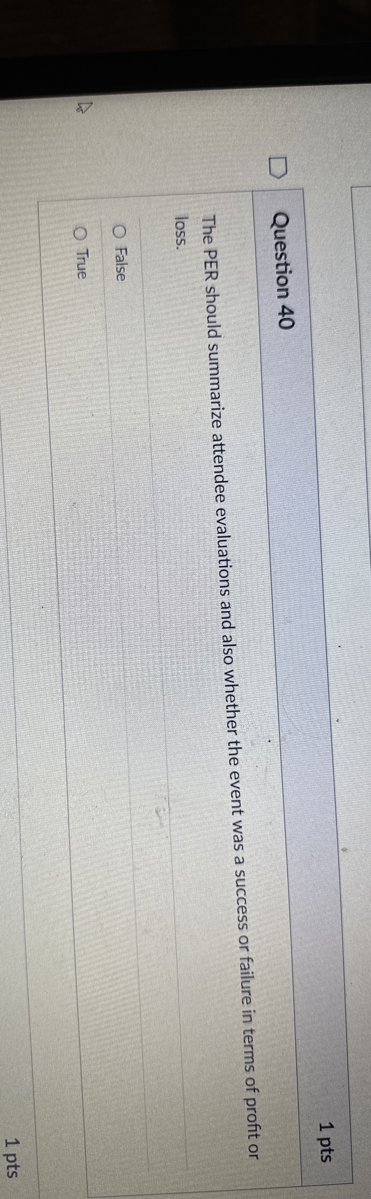  Question 40 1 pts The PER should summarize attendee evaluations and