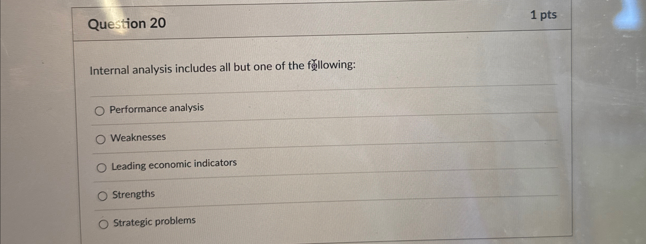  Question 20 1 pts Internal analysis includes all but one of