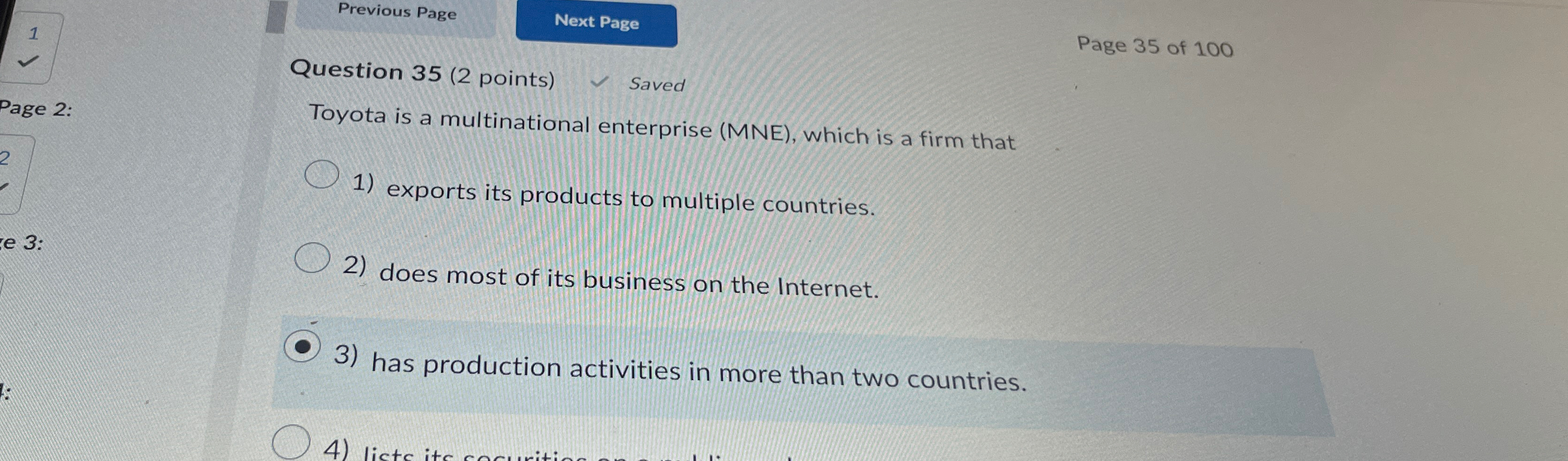  Previous Page Question 35(2 points) Page 35 of 100 Toyota is
