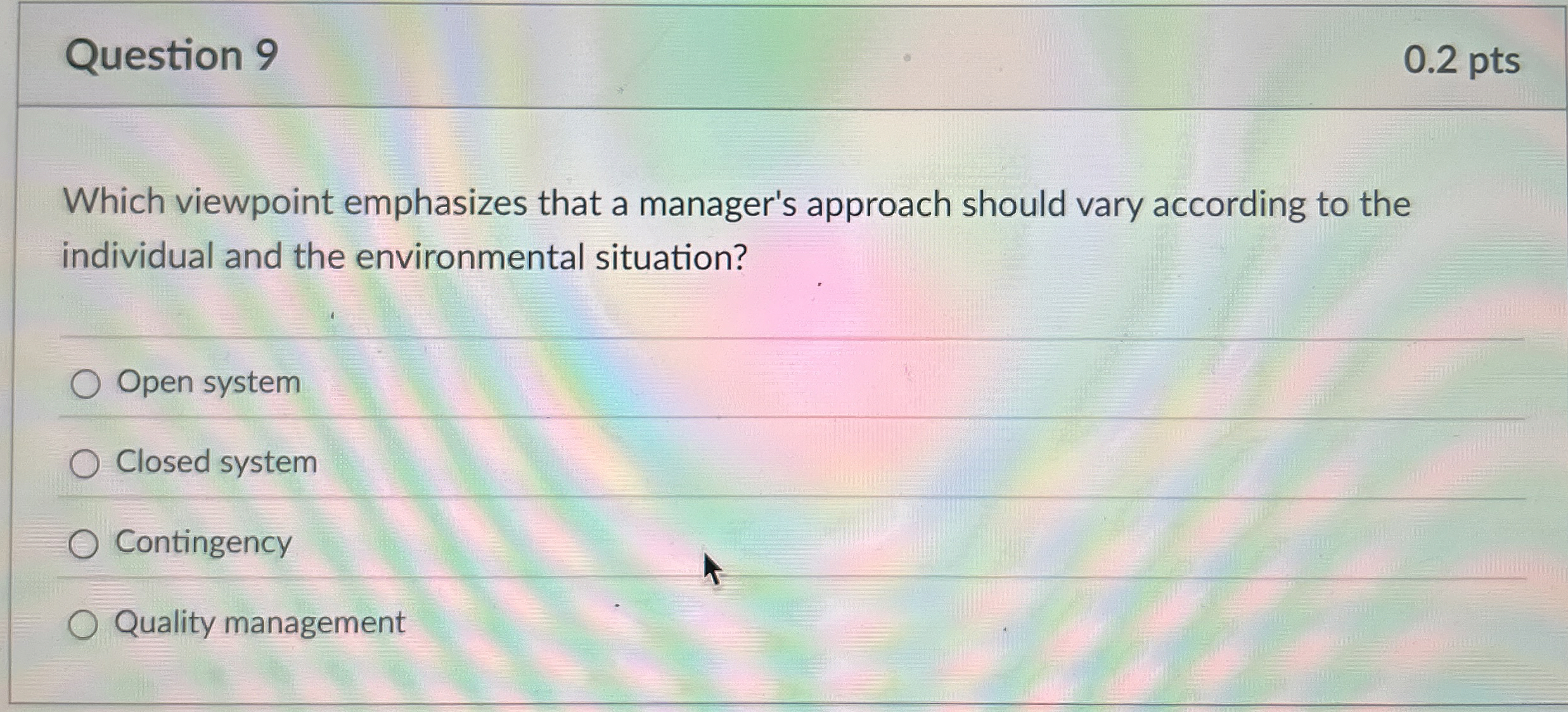  Question 9 0.2 pts Which viewpoint emphasizes that a manager's approach