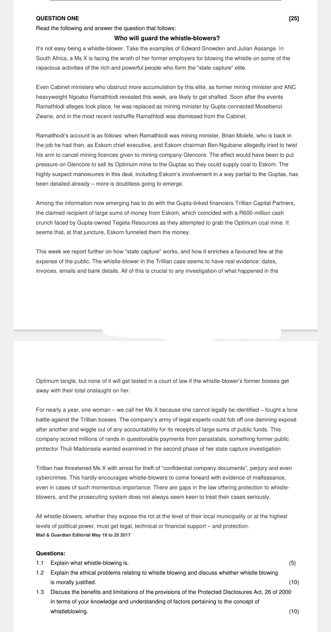  QUESTION ONE Read the following and answer the question that follows: