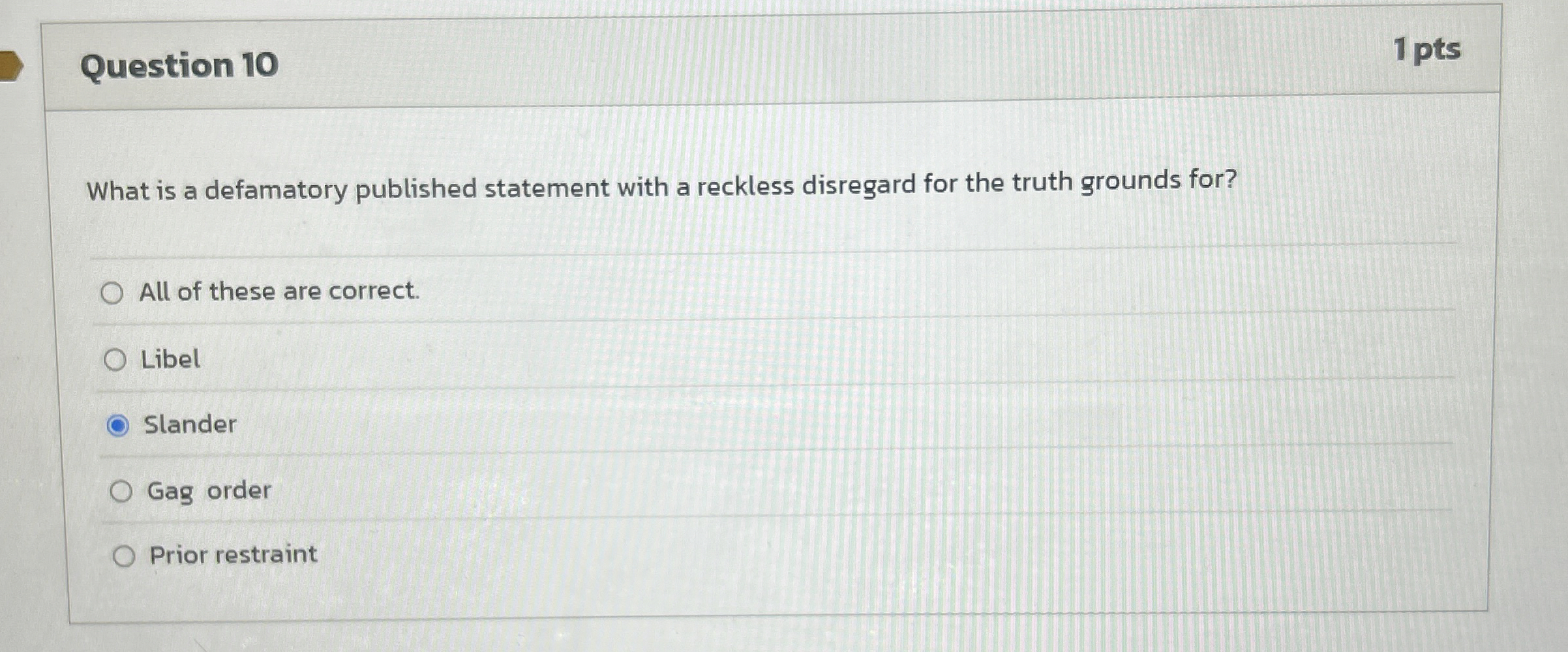  Question 10 1 pts What is a defamatory published statement with