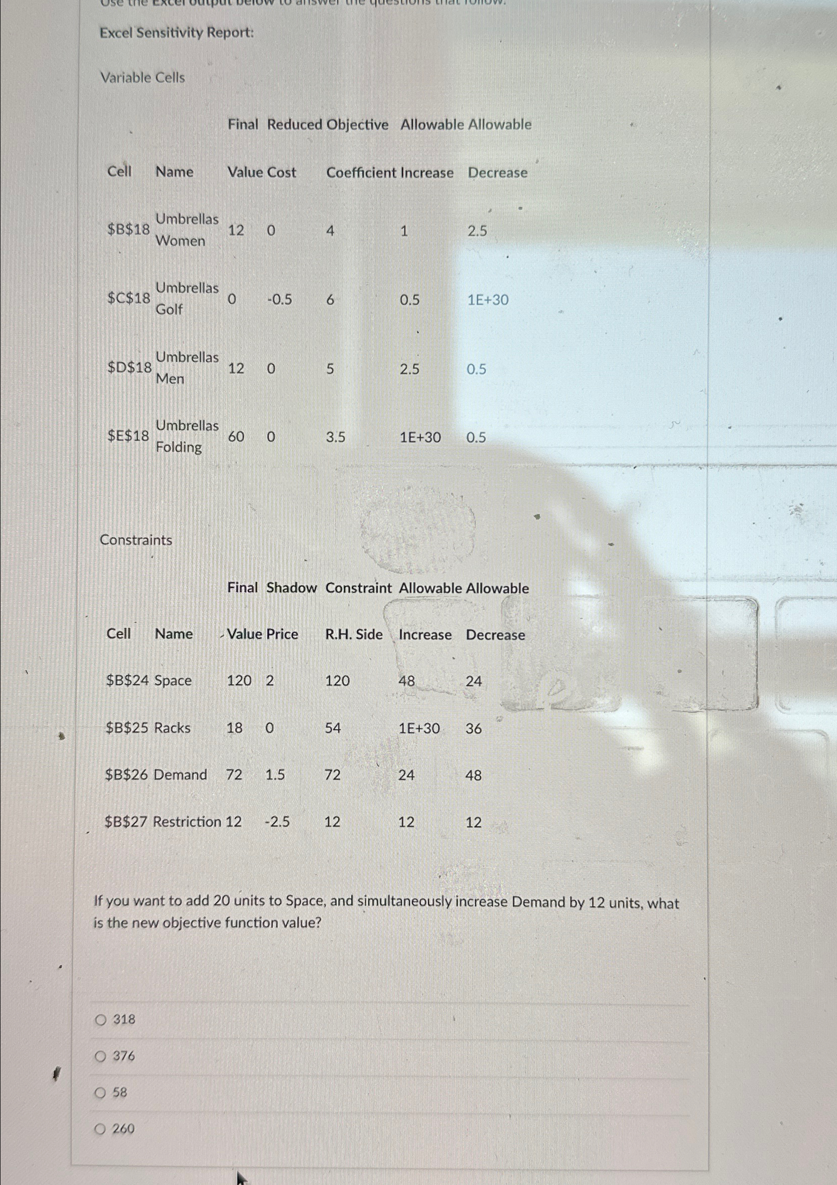  Excel Sensitivity Report: Variable Cells Final Reduced Objective Allowable Allowable \table[[Cell
