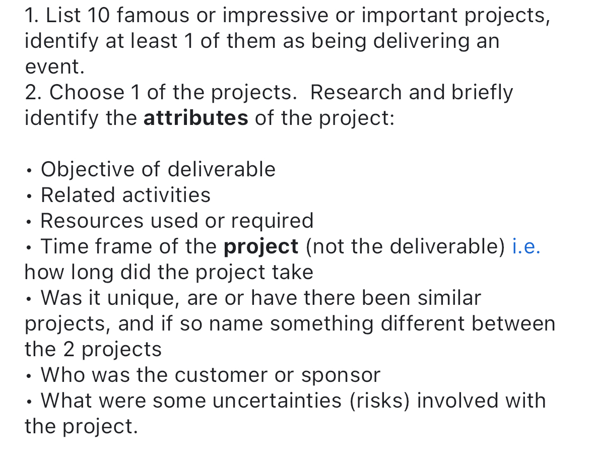  List 10 famous or impressive or important projects, identify at least