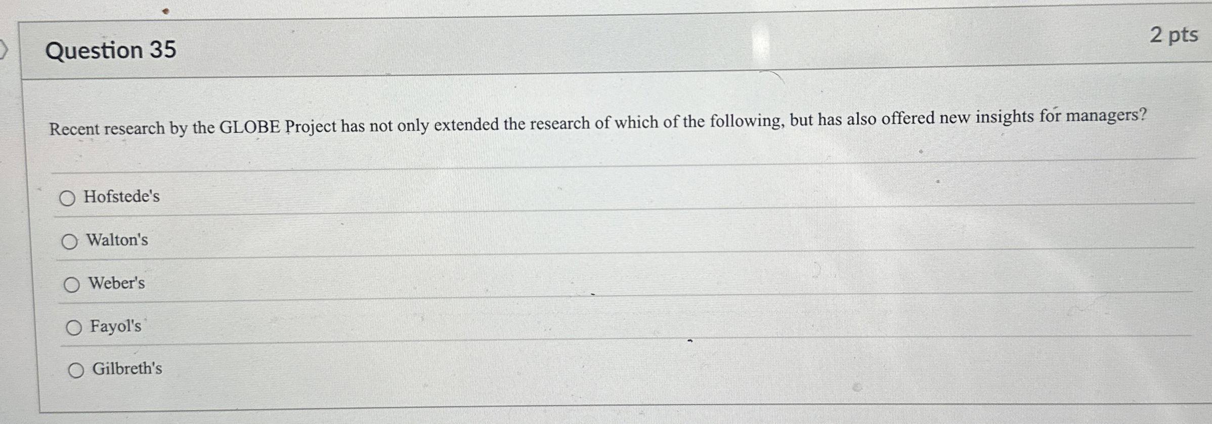  Question 35 2 pts Recent research by the GLOBE Project has
