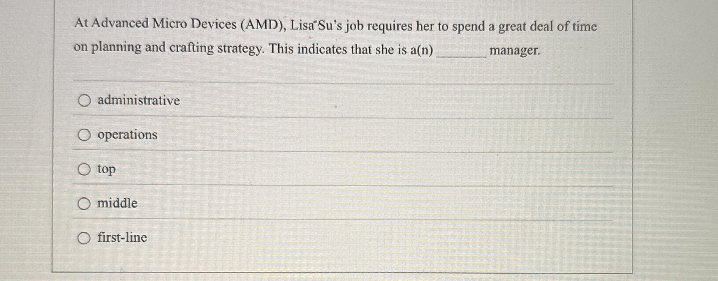  At Advanced Micro Devices (AMD), Lisa*Su's job requires her to spend