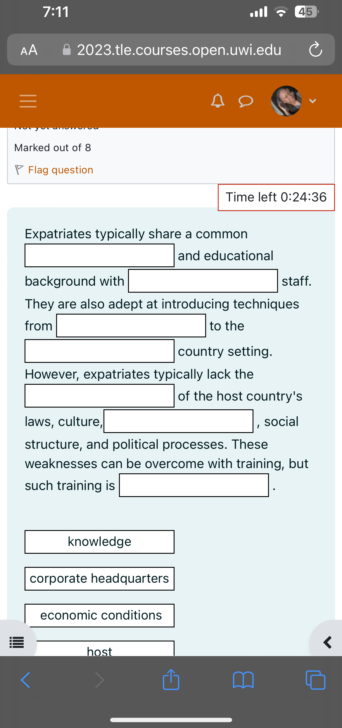  7:11 45 AA 2023.tle.courses.open.uwi.edu Marked out of 8 P Flag question