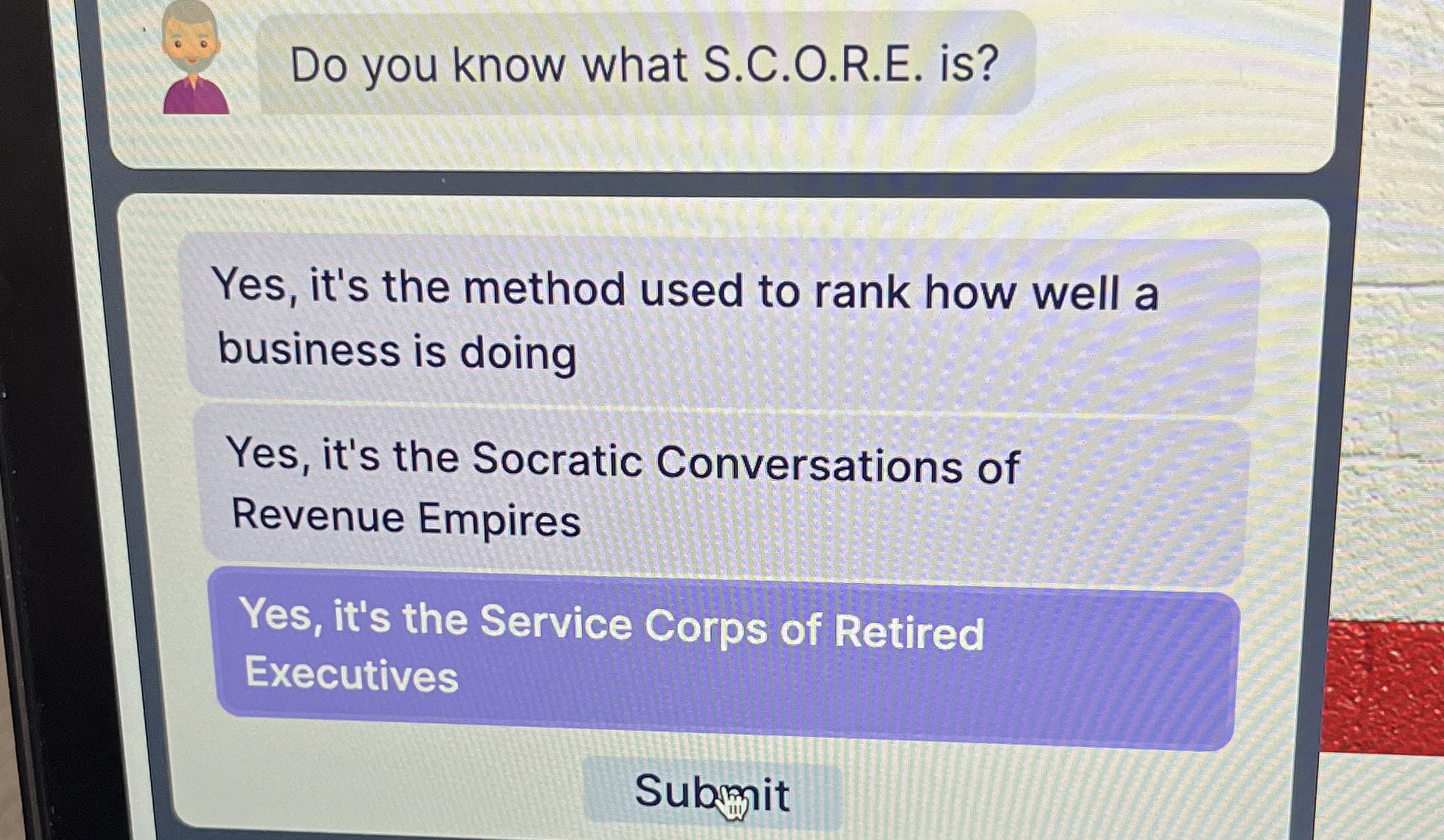  Do you know what S.C.O.R.E. is? Yes, it's the method used