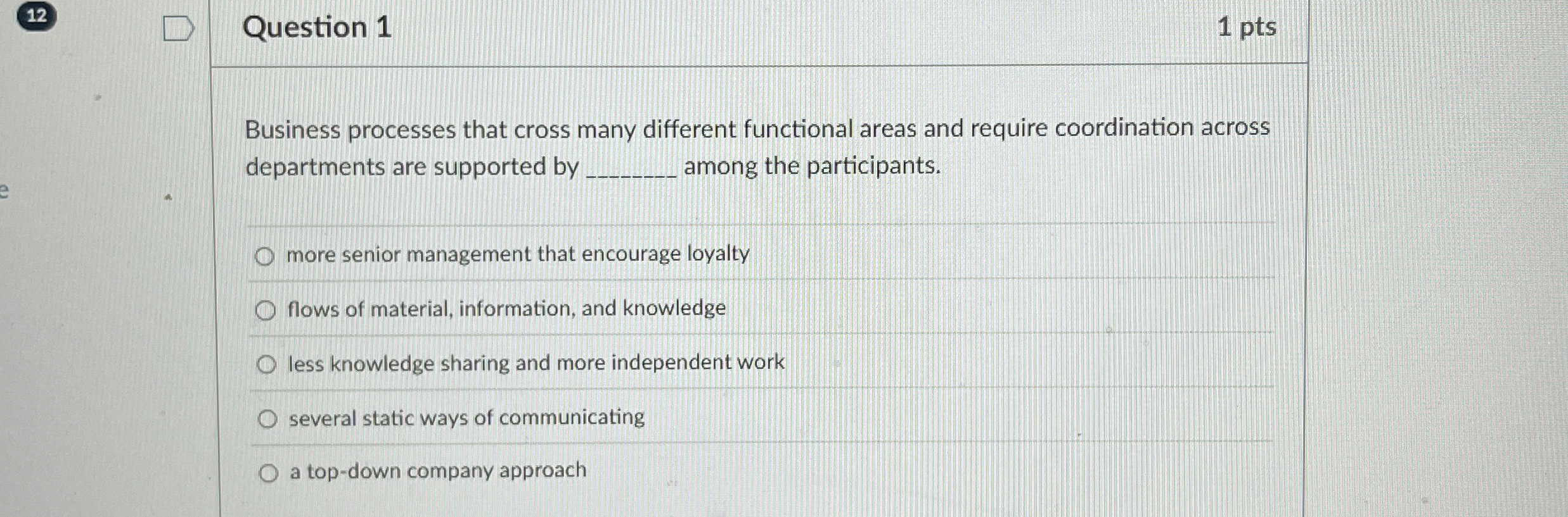  12 Question 1 1 pts Business processes that cross many different