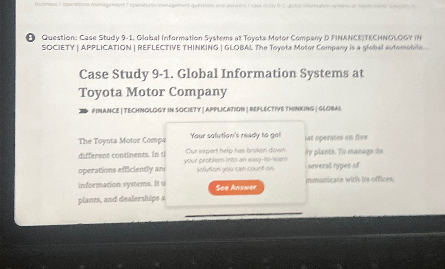  (8) Question: Case Study 9-1. Global Information Systems at Toyota Motor