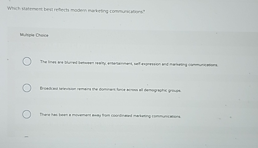  Which statement best reflects modern marketing communications? Multiple Choice The lines