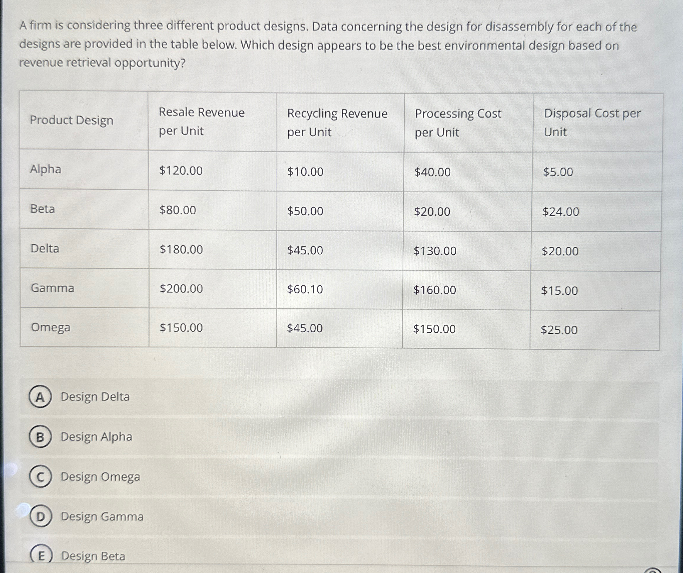  A firm is considering three different product designs. Data concerning the