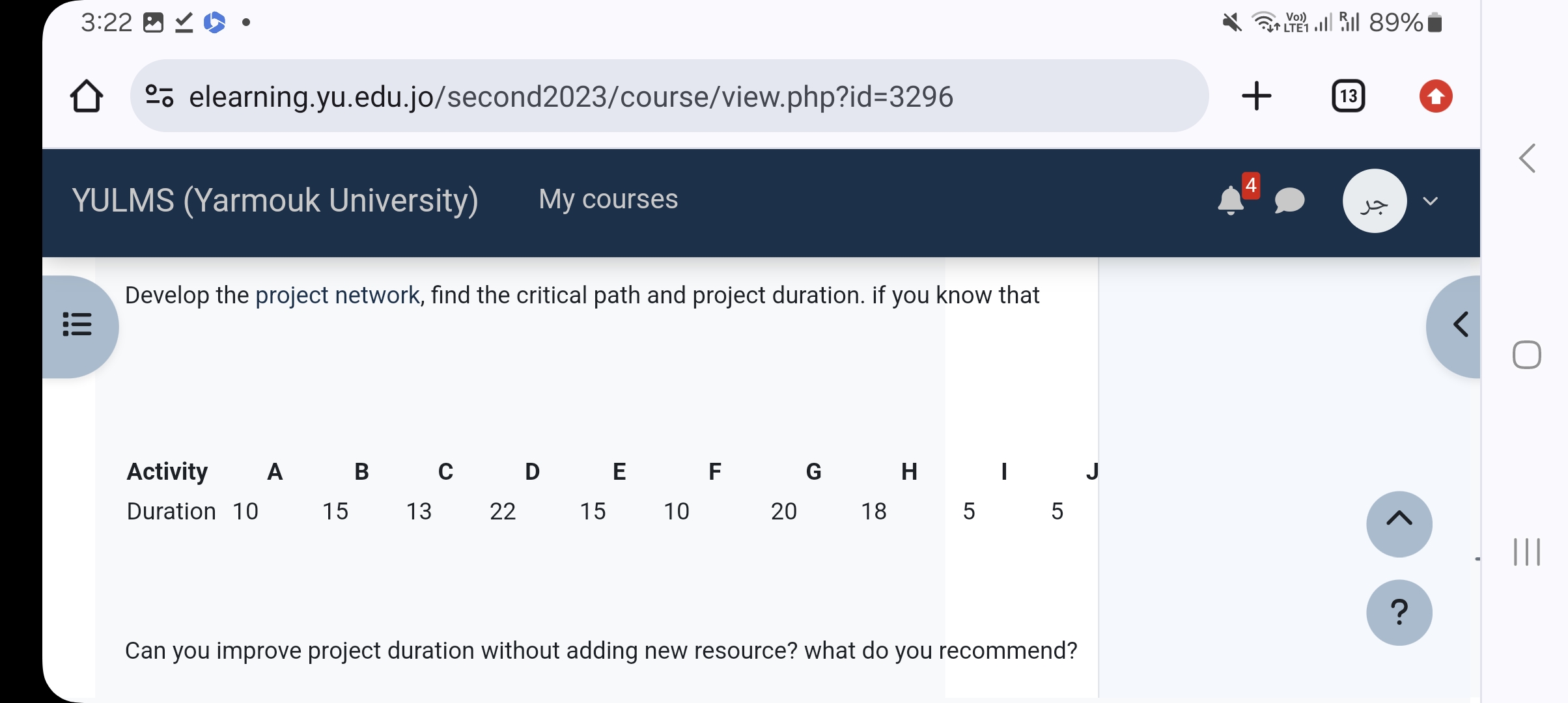  Develop the project network, find the critical path and project duration.
