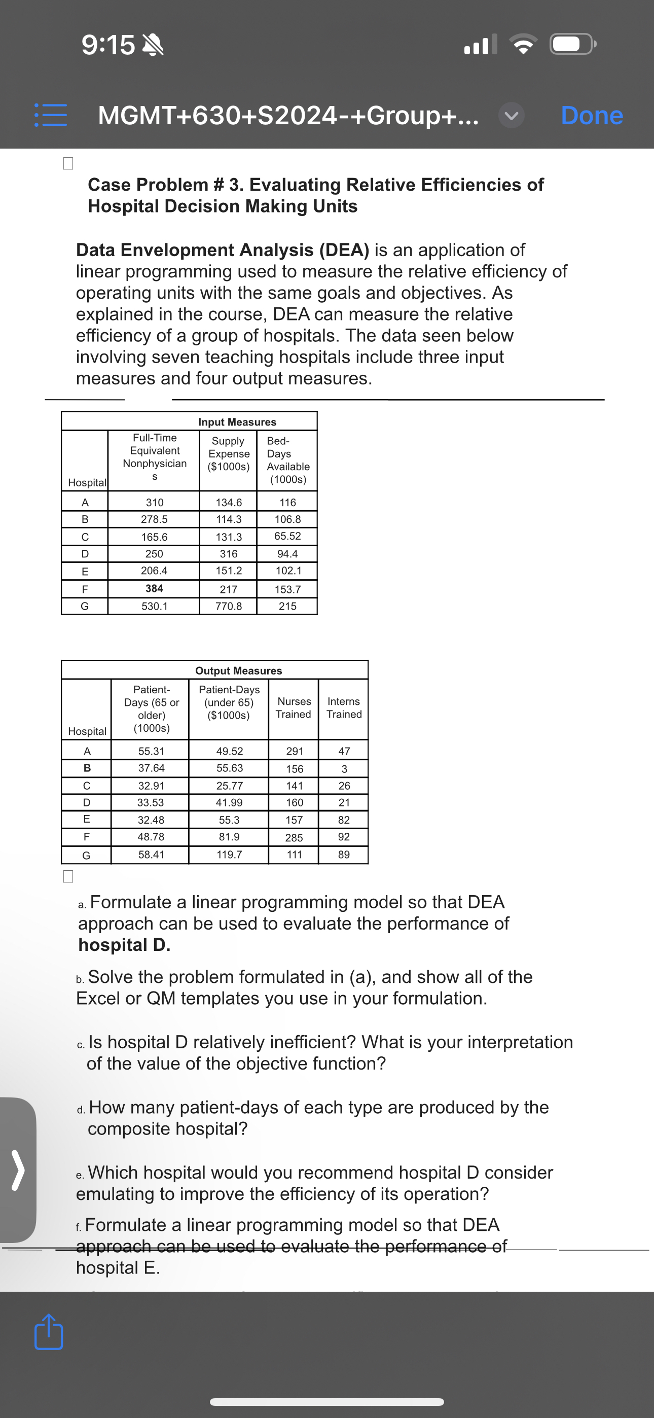  Case Problem # 3. Evaluating Relative Efficiencies ofHospital Decision Making UnitsData