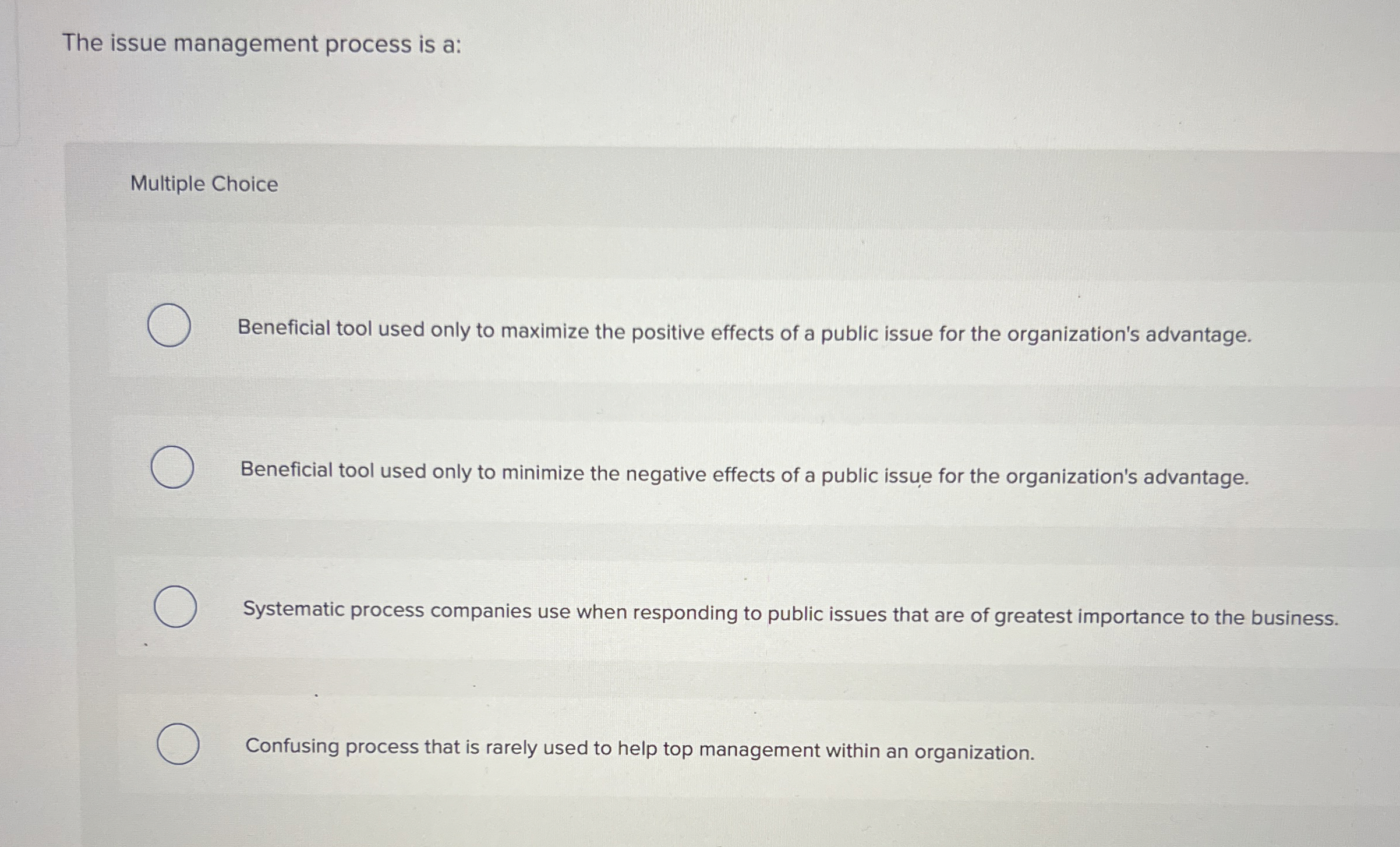  The issue management process is a: Multiple Choice Beneficial tool used