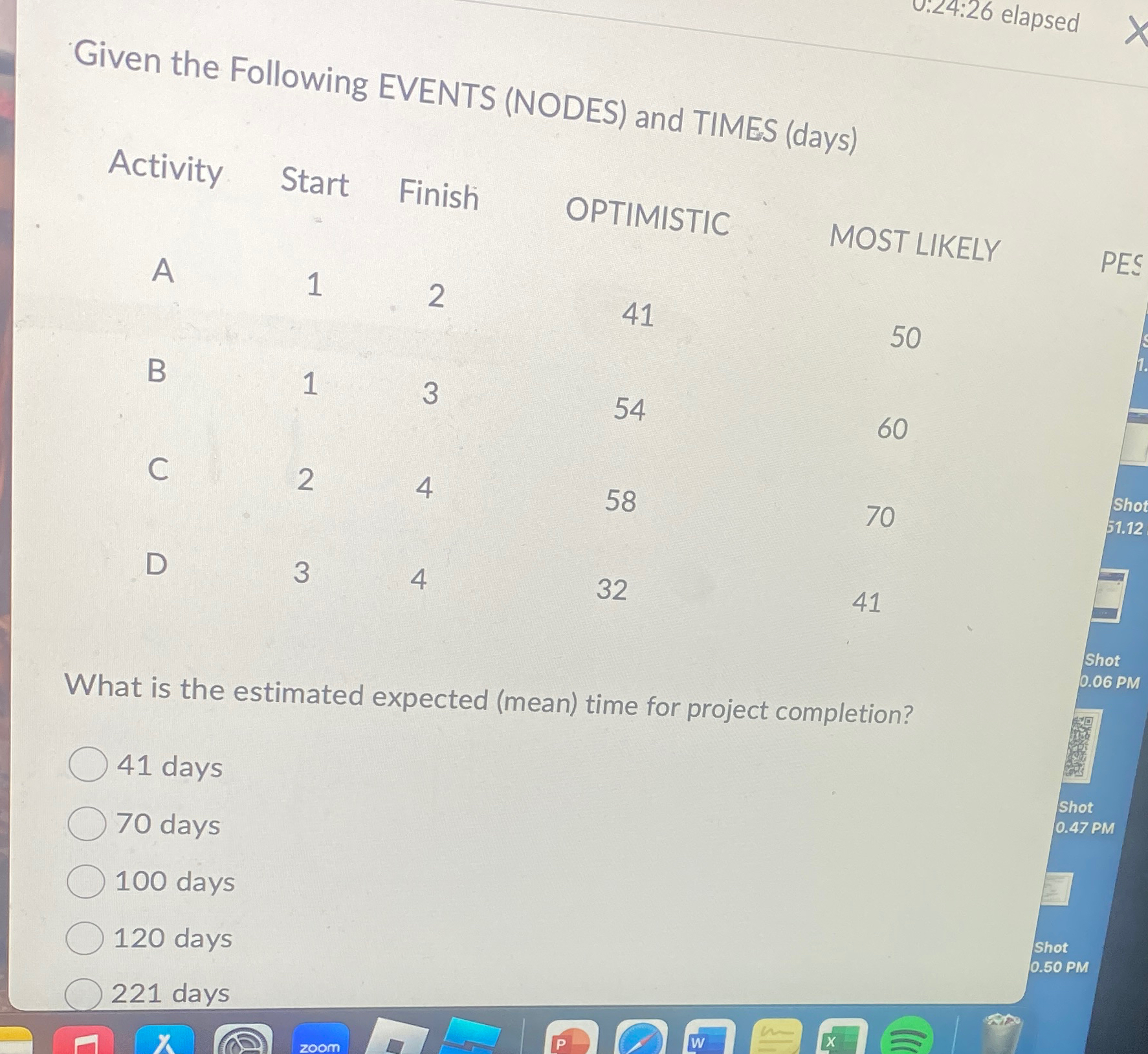  Given the Following EVENTS (NODES) and TIMES (days) \table[[Activity,Start,Finish,OPTIMISTIC,MOST LIKELY],[A,1,2,41,50],[B,1,3,54,60],[C,2,4,58,70],[D,3,4,32,41]] What