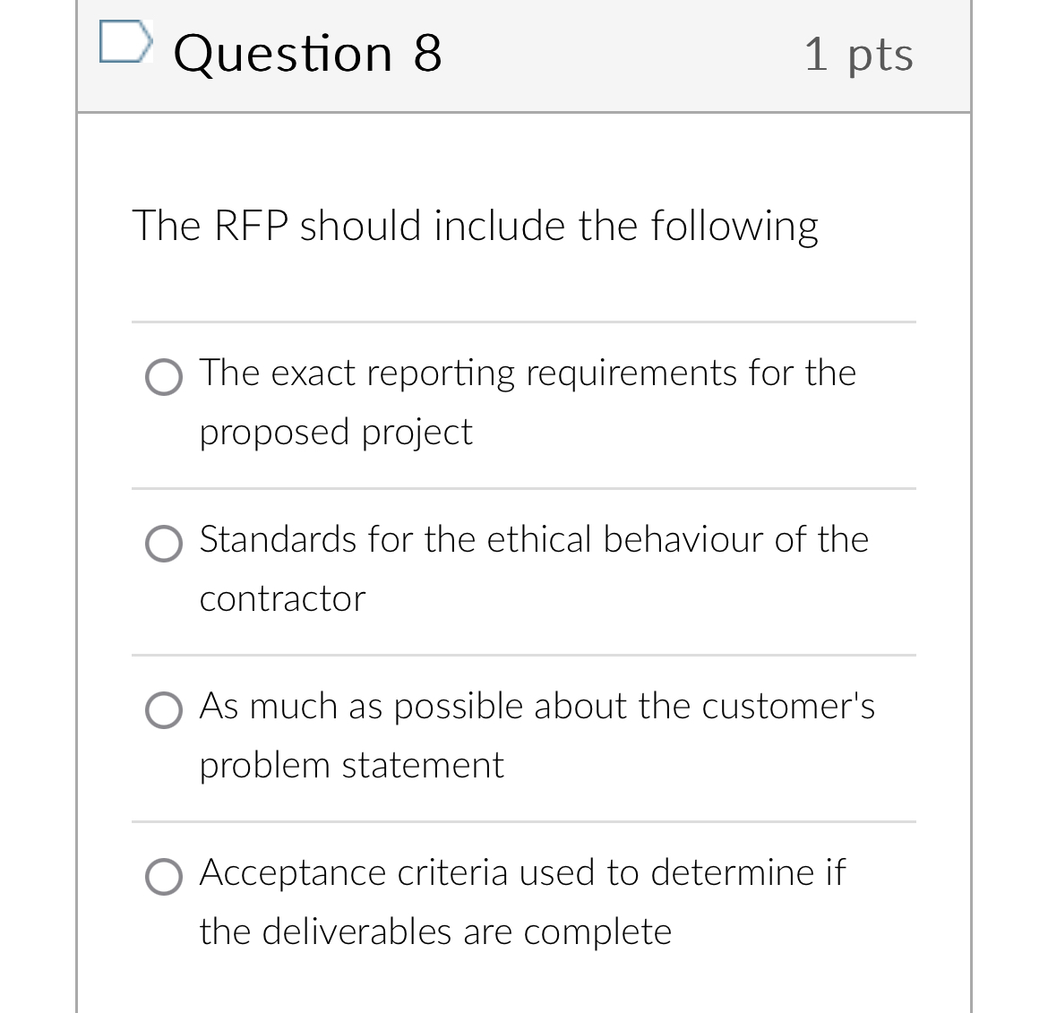  Question 8 1pts The RFP should include the following The exact