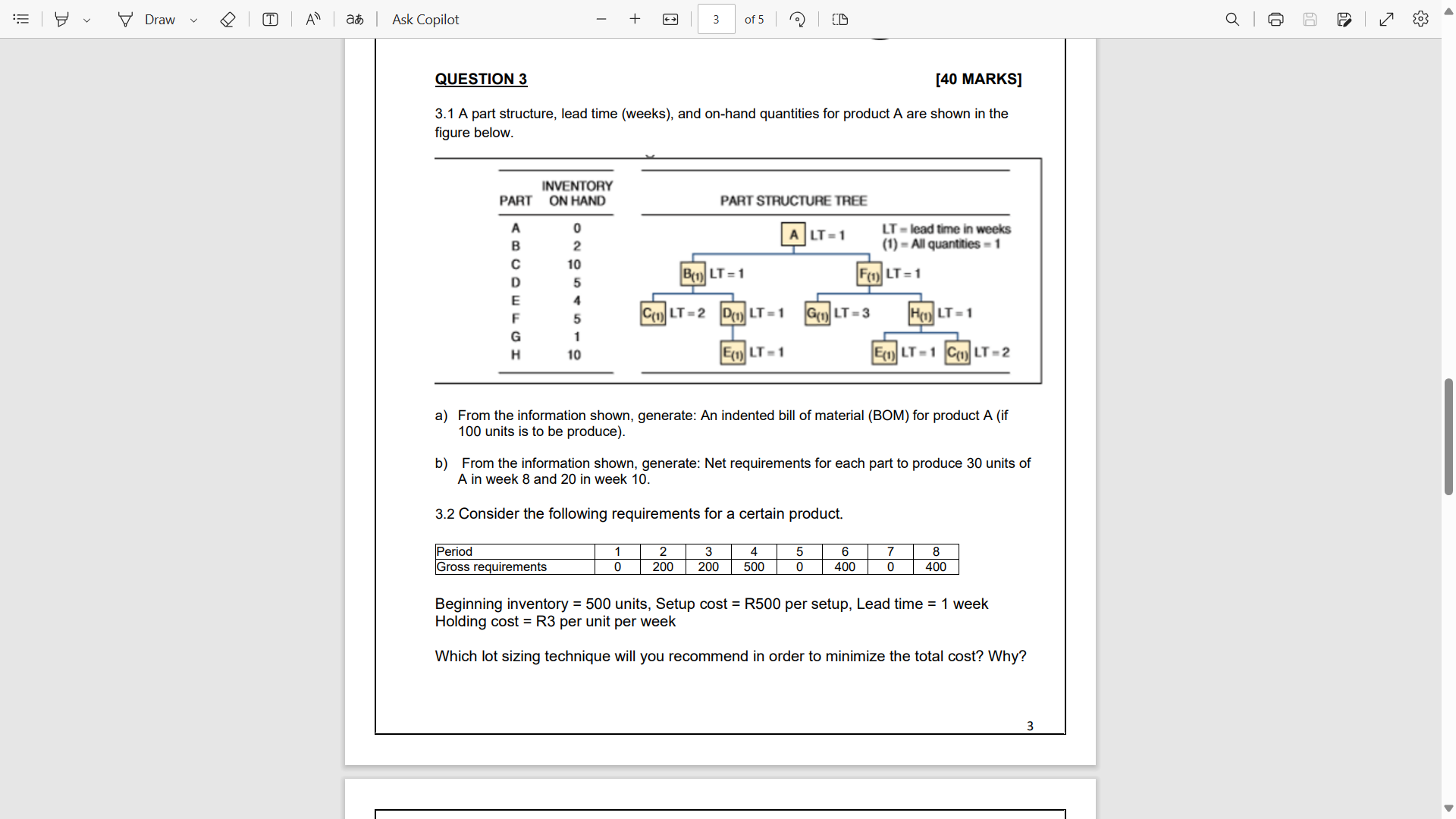  14.14 A part structure, lead time (weeks), and on-hand quantities for