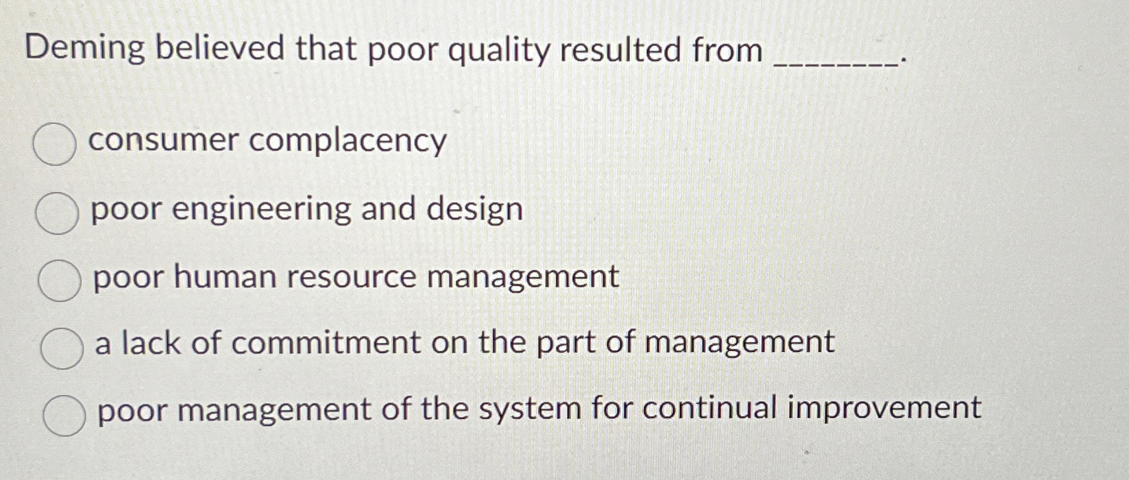 Deming believed that poor quality resulted from consumer complacency poor engineering