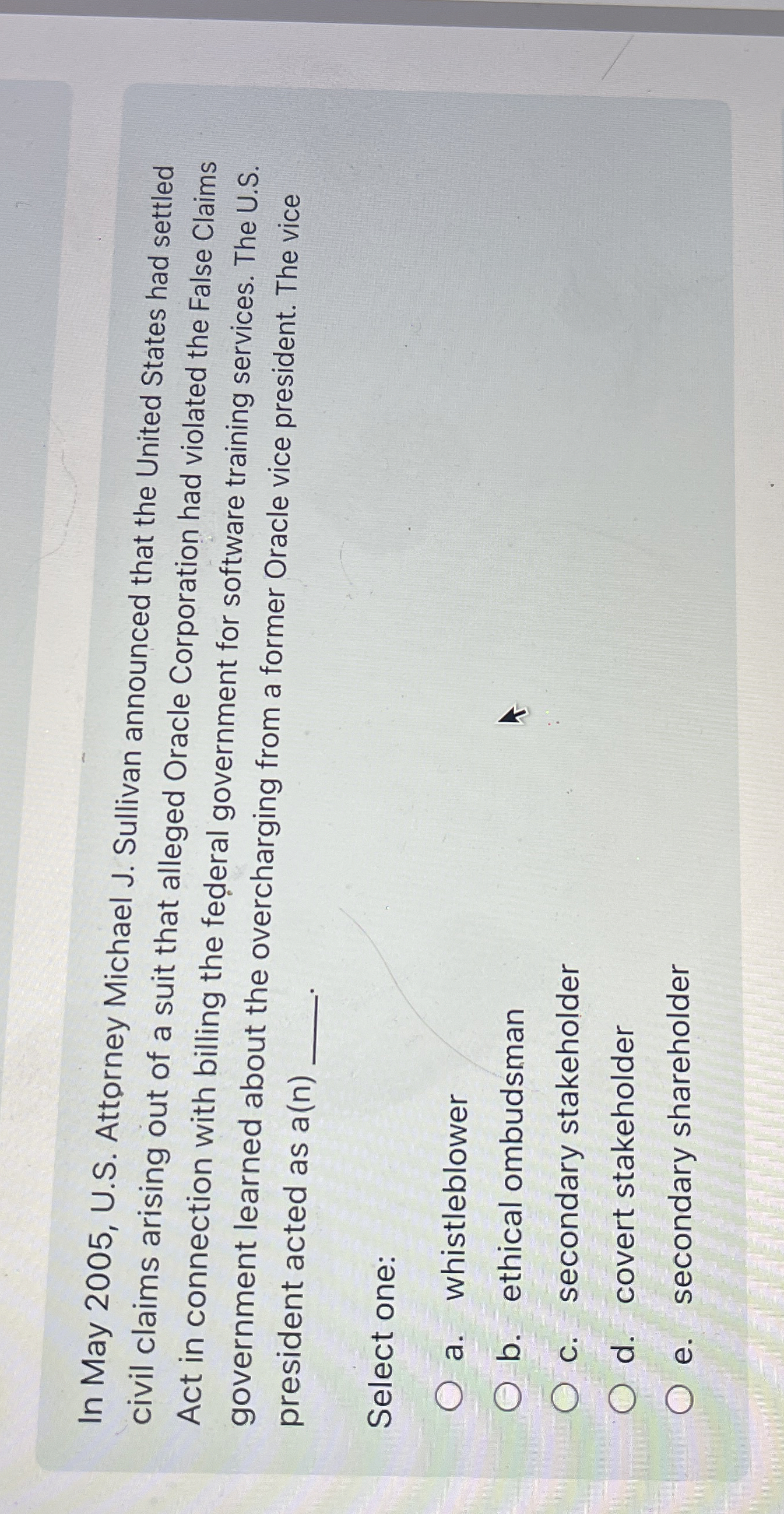  In May 2005, U.S. Attorney Michael J. Sullivan announced that the