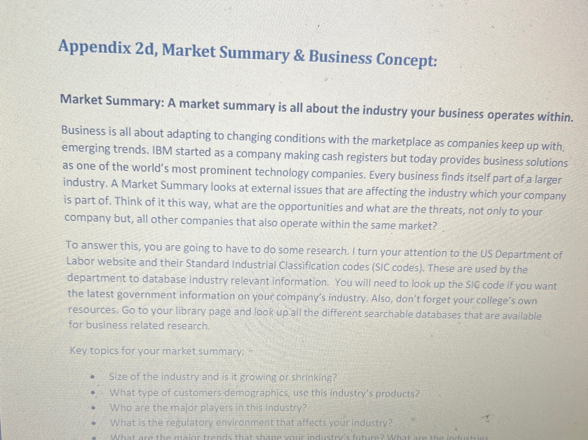  Appendix 2d, Market Summary & Business Concept: Market Summary: A market