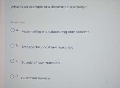  What is an example of a downstream activity? Select one: a.
