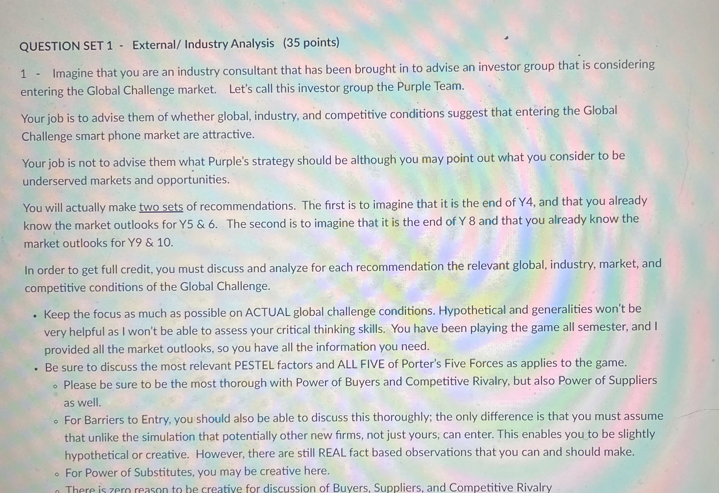  QUESTION SET 1- External/ Industry Analysis (35 points) 1- Imagine that