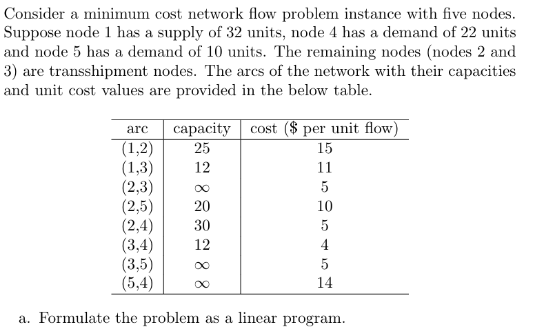  Consider a minimum cost network flow problem instance with five nodes.