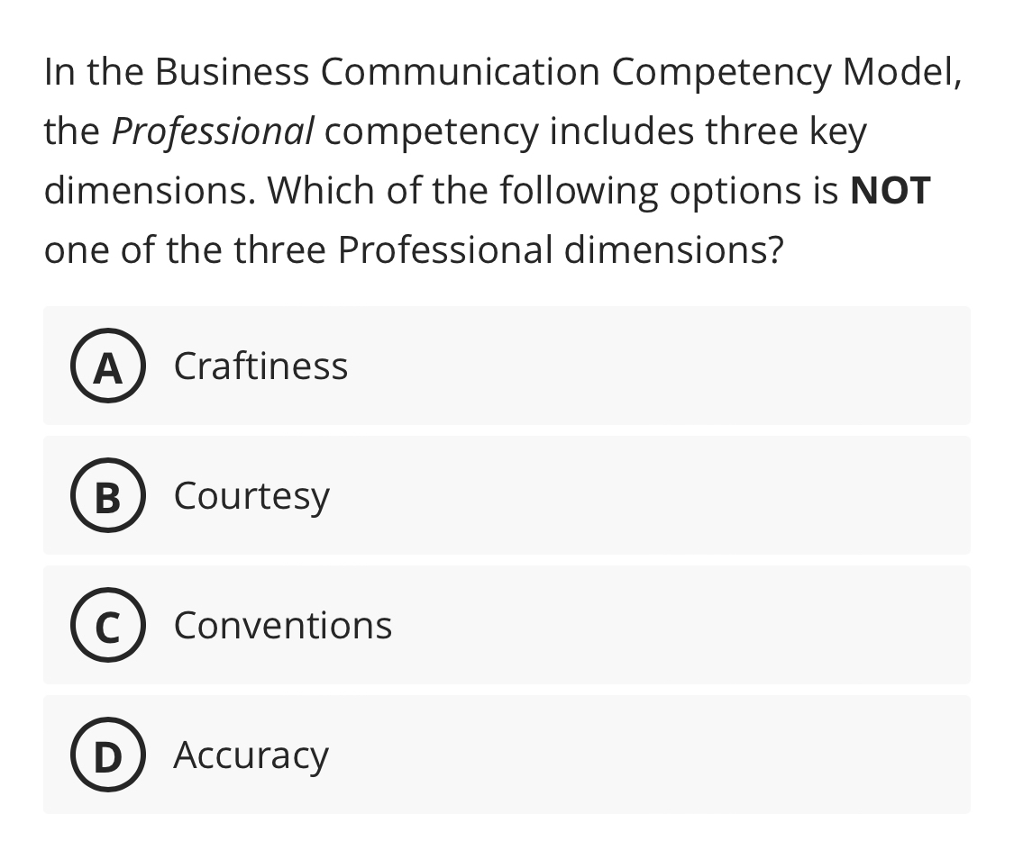  In the Business Communication Competency Model, the Professional competency includes three