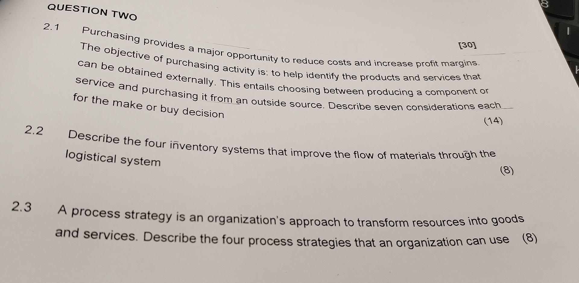  QUESTION TWO 2.1 Purchasing provides a major opportunity to reduce costs