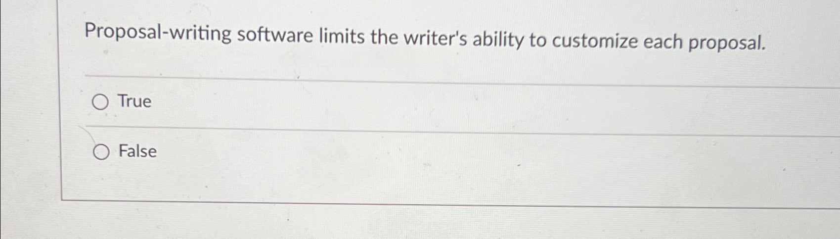  Proposal-writing software limits the writer's ability to customize each proposal. True