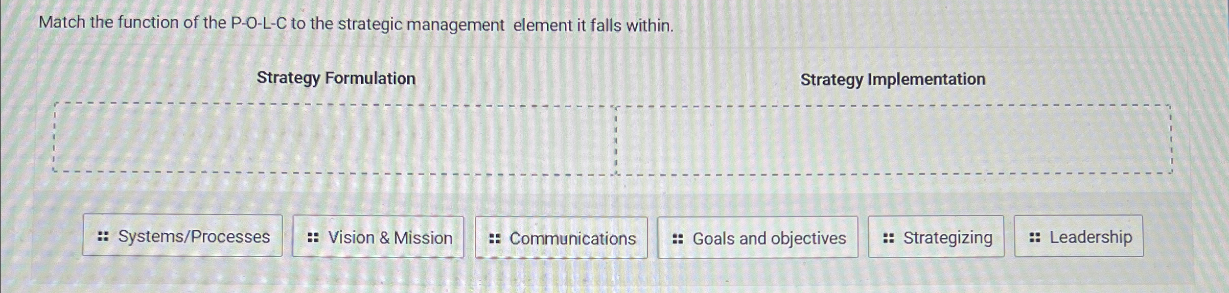 Match the function of the P-O-L-C to the strategic management element