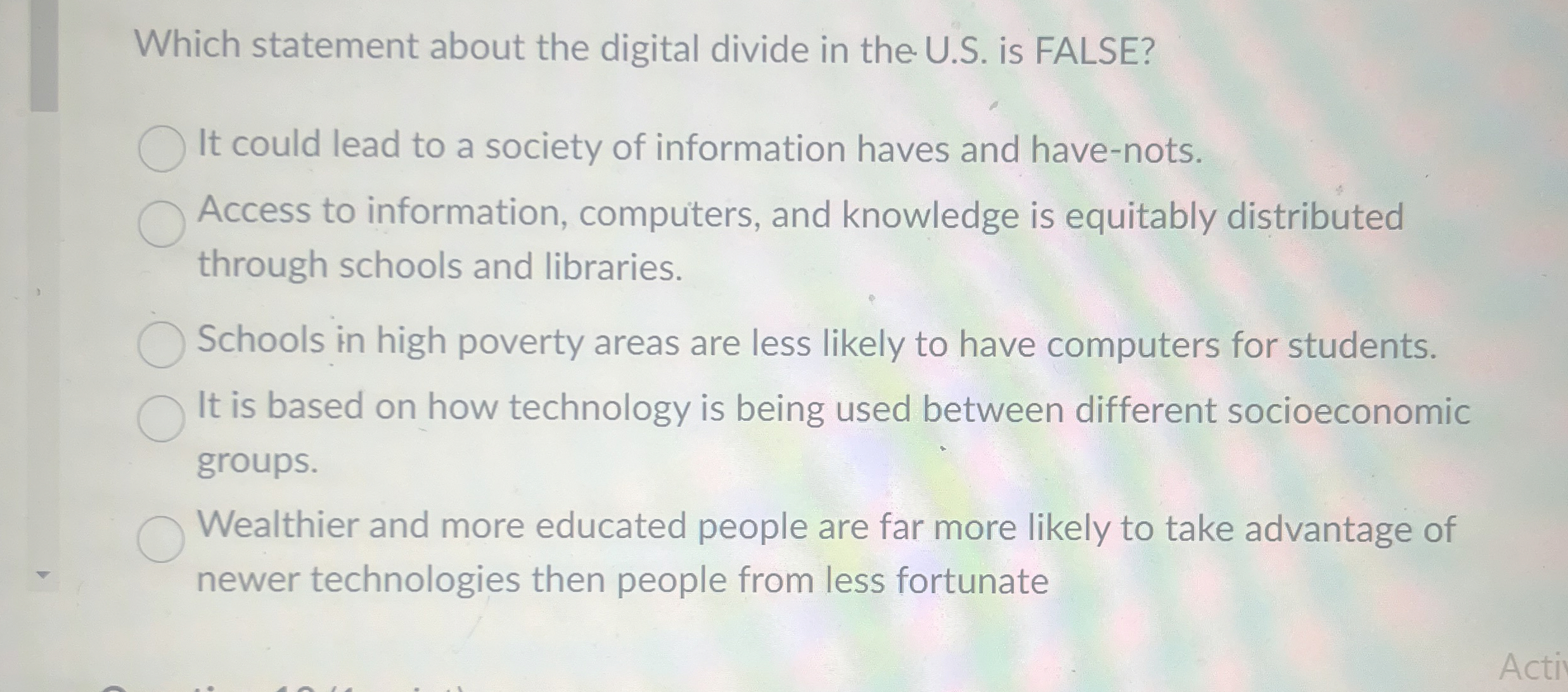  Which statement about the digital divide in the U.S. is FALSE?