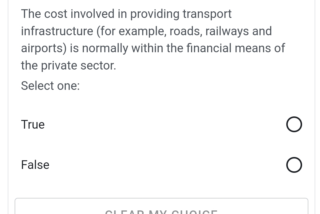  The cost involved in providing transport infrastructure (for example, roads, railways