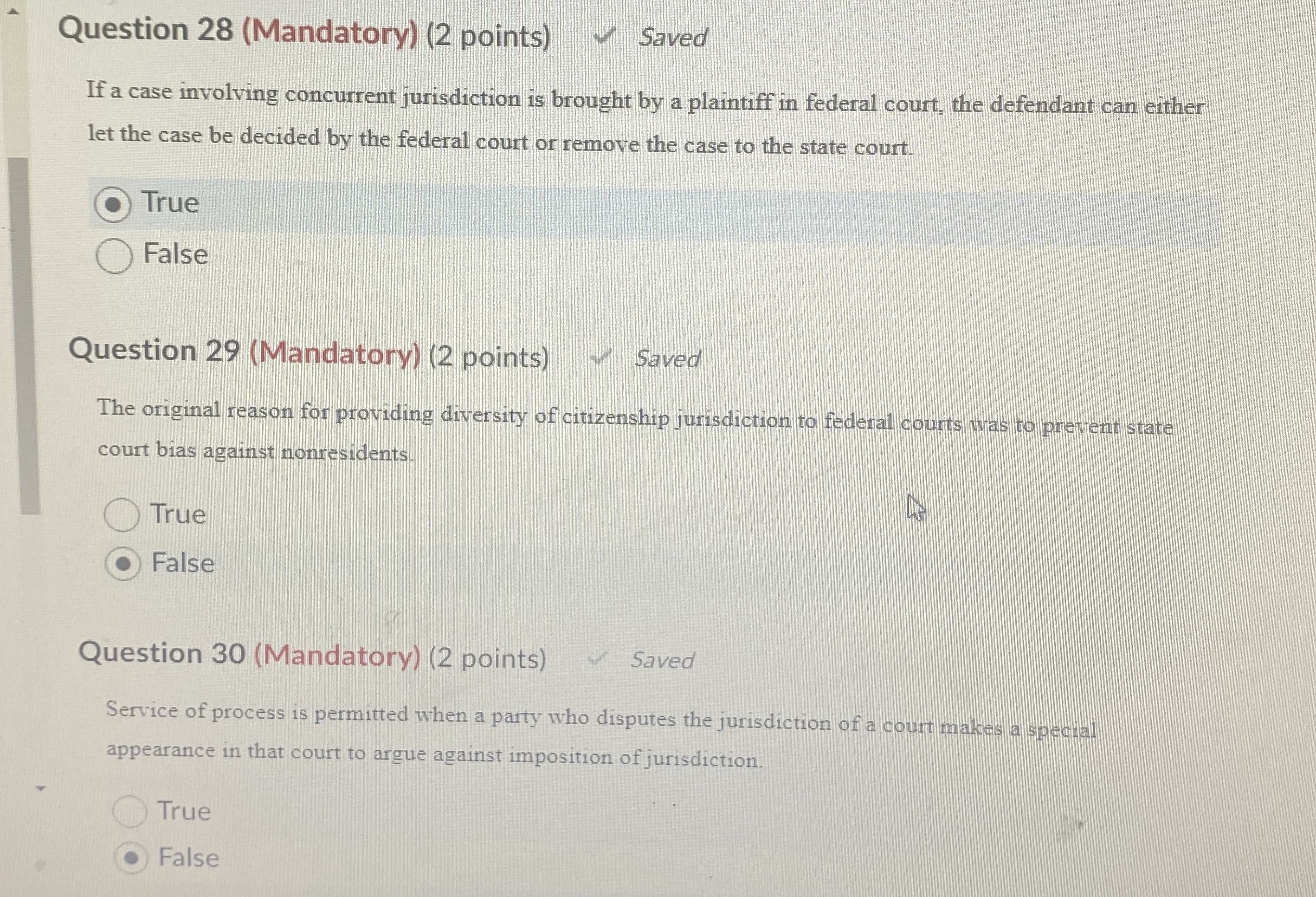  Question 28(Mandatory)(2 points) Saved If a case involving concurrent jurisdiction is