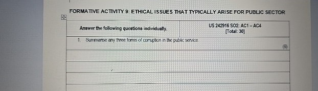  FORMATIVE ACTIVITY 9: ETHICAL ISSUES THAT TYPICALLY ARISE FOR PUBUC SECTOR