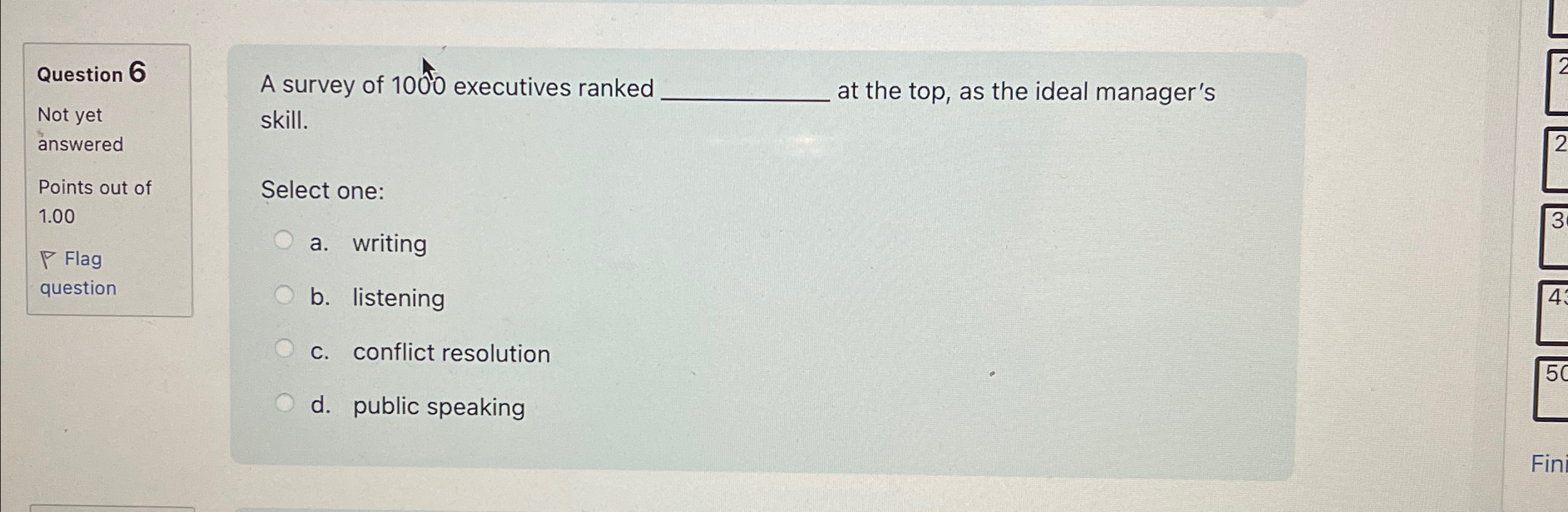  \table[[Question 6],[Not yet],[answered],[Points out of],[1.00],[P Flag],[question]] Not yet answered Points out