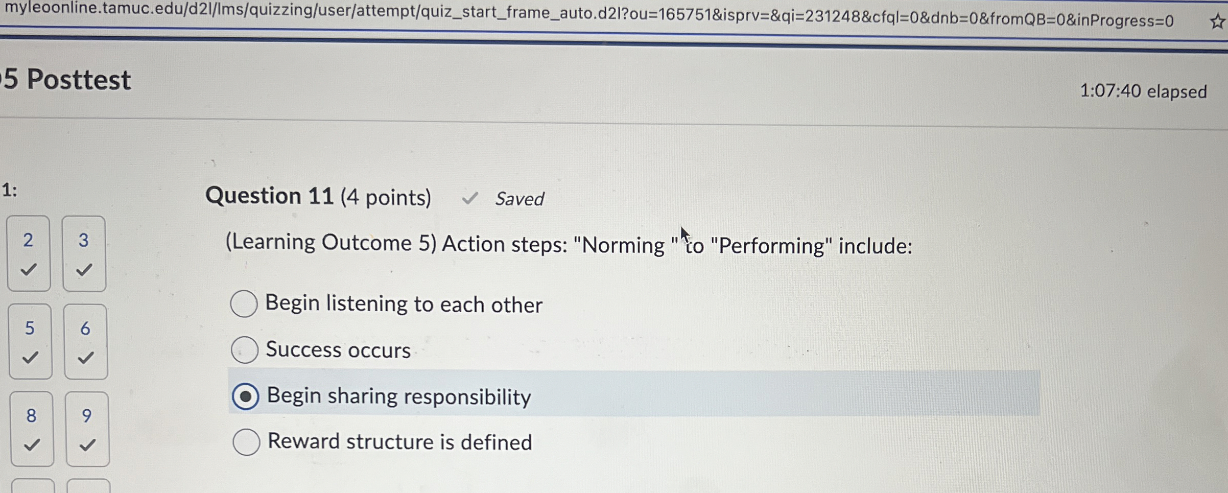  Question 11(4 points) (Learning Outcome 5) Action steps: "Norming "to "Performing"
