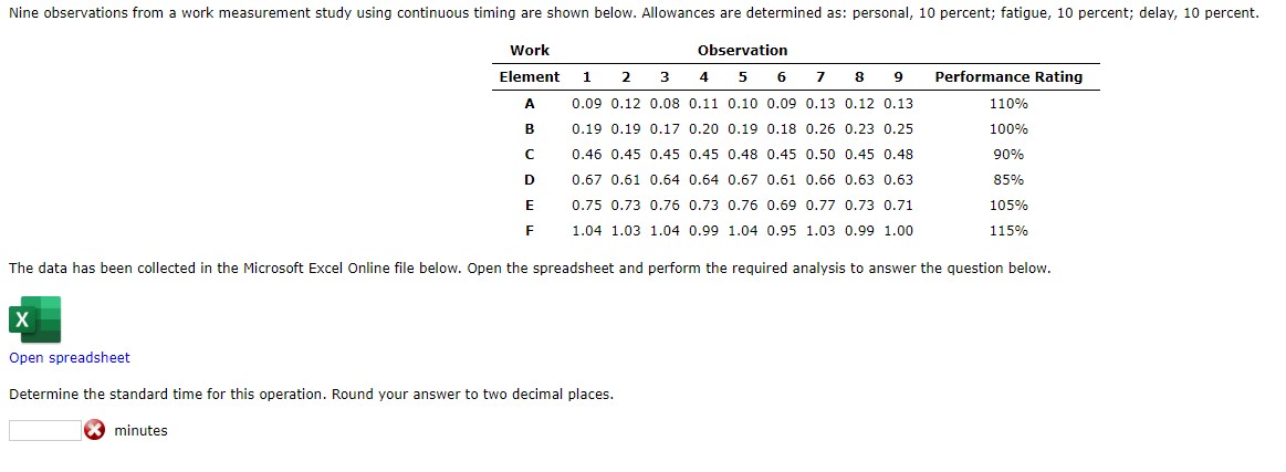  Nine observations from a work measurement study using continuous timing are