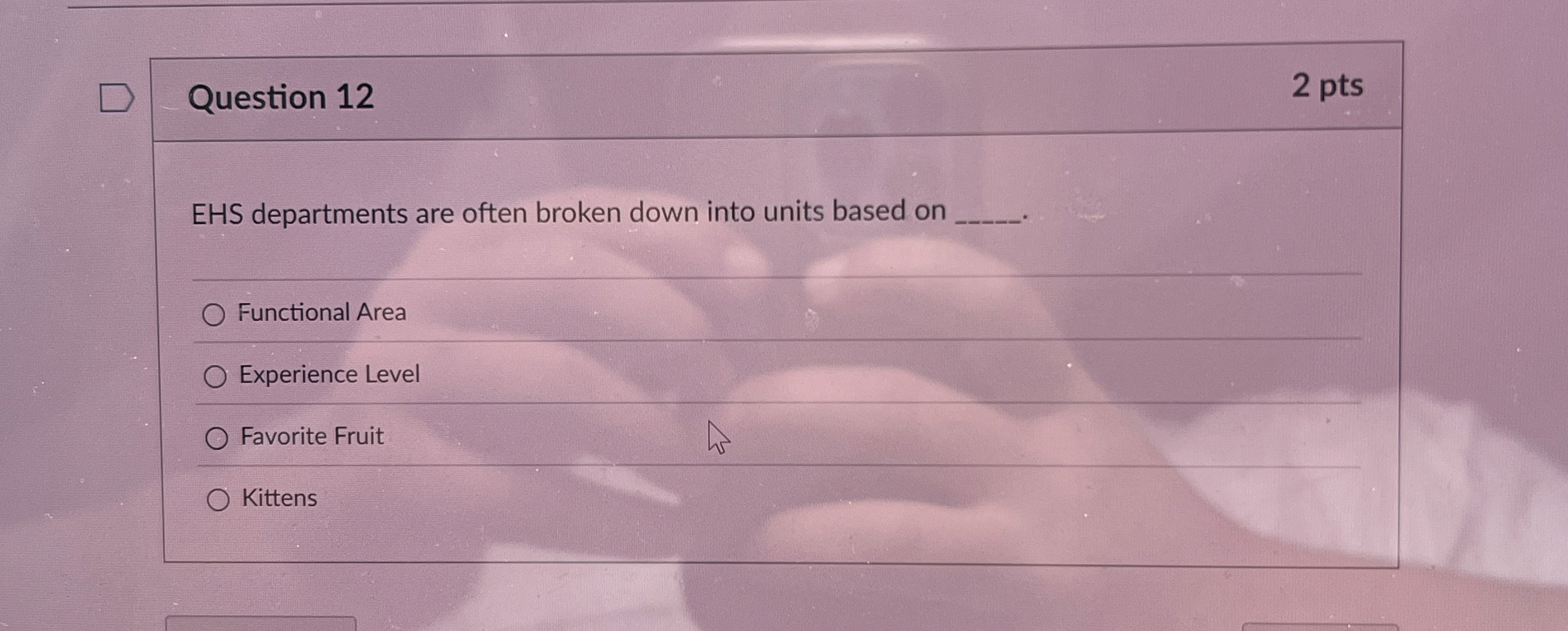  Question 12 2 pts EHS departments are often broken down into