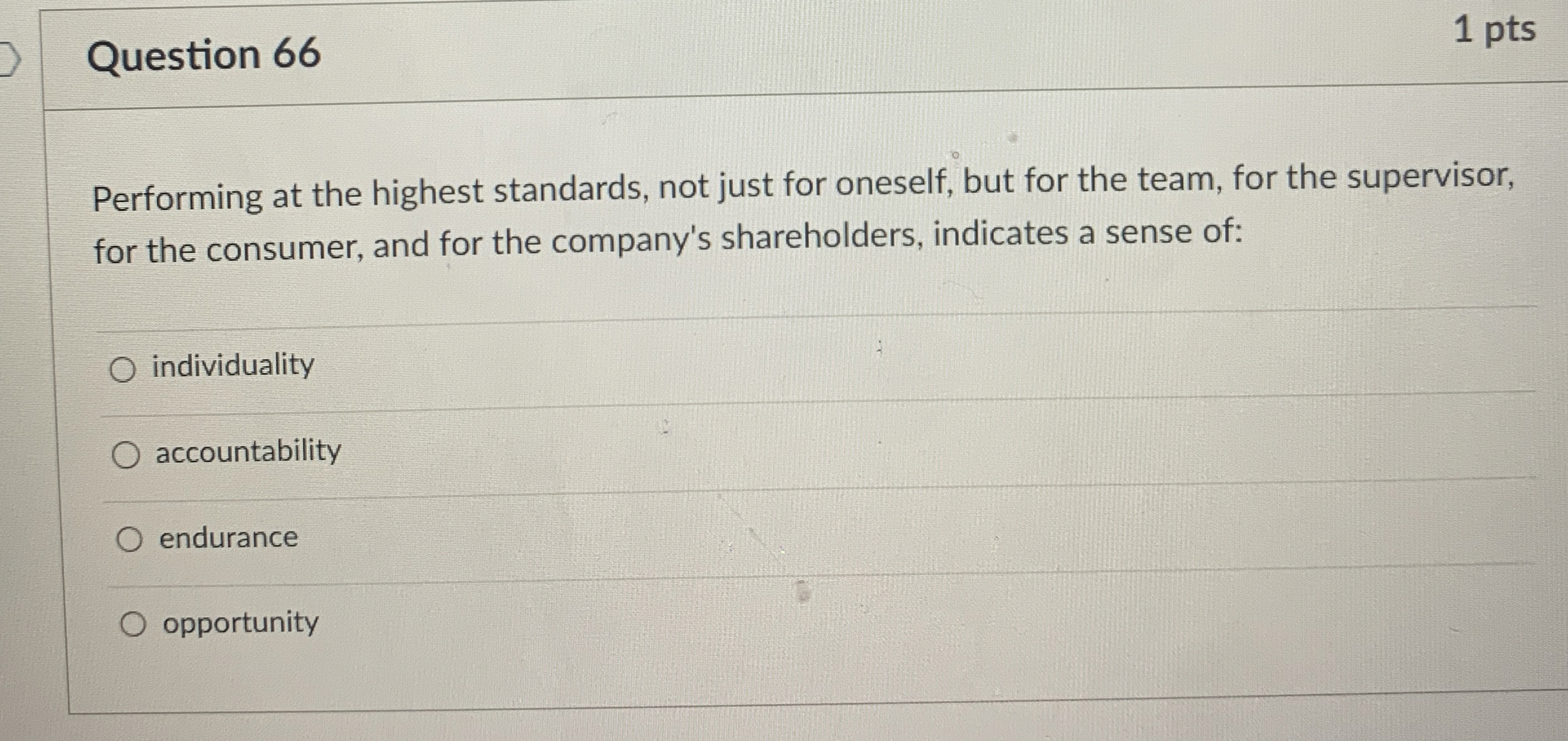  Question 66 1 pts Performing at the highest standards, not just