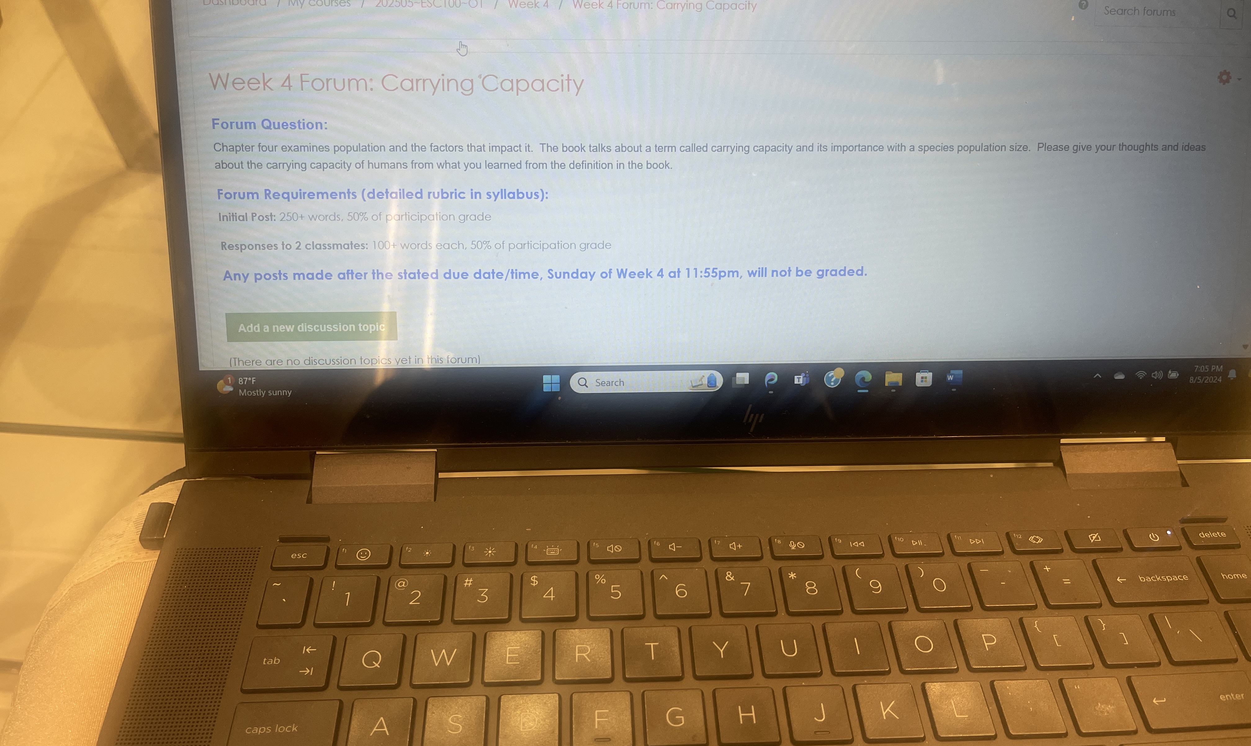  Week 4 Forum: Carrying Capacity Forum Question: Chapter four examines population