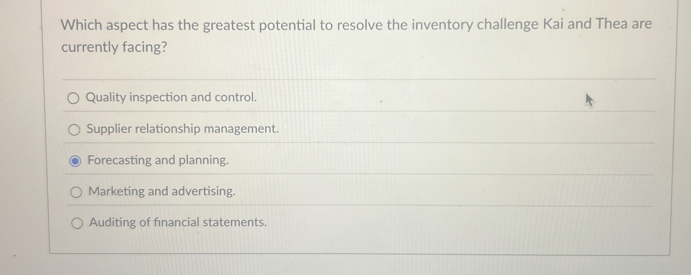  Which aspect has the greatest potential to resolve the inventory challenge